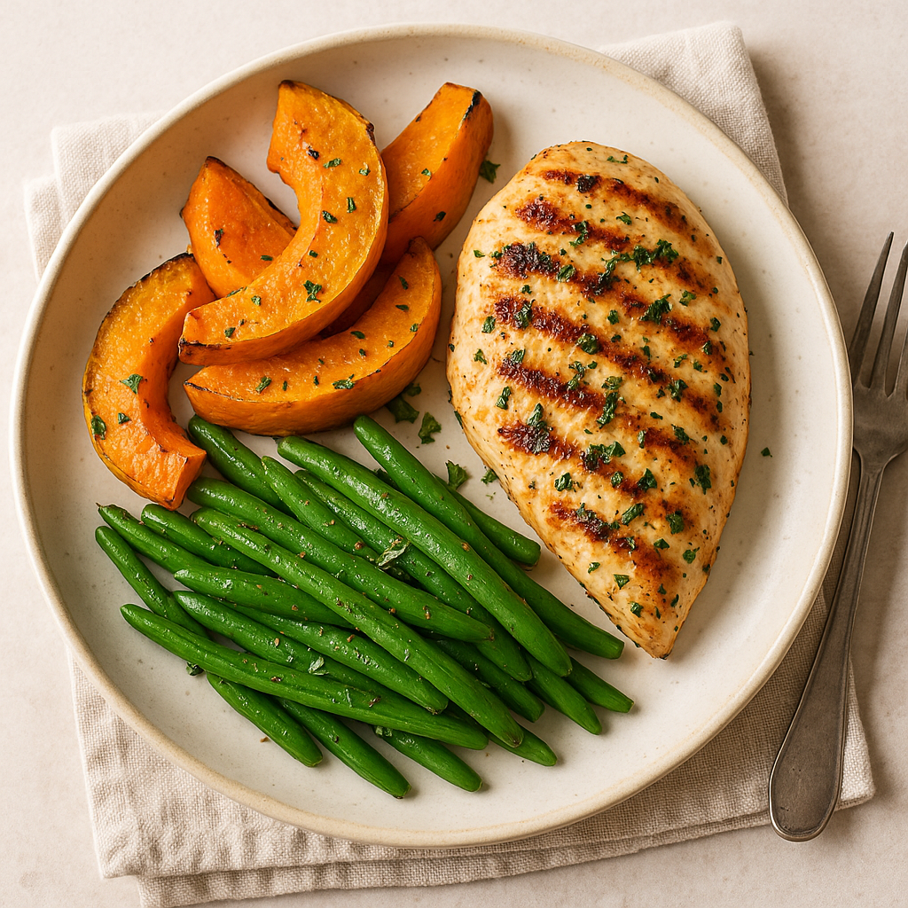 Grilled Herb Chicken with Roasted Pumpkin and Green Beans
