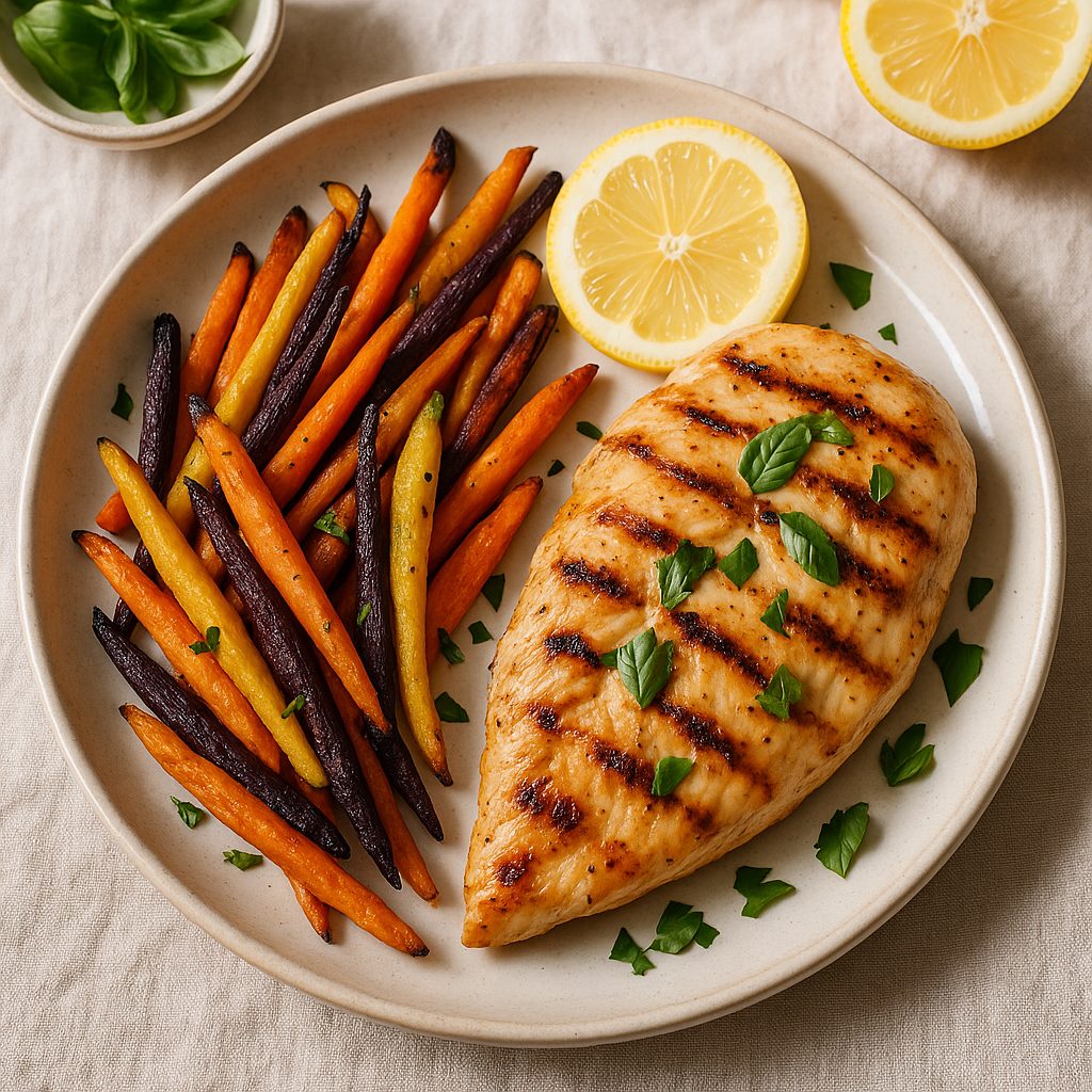 Lemon Basil Grilled Chicken with Roasted Carrot Medley