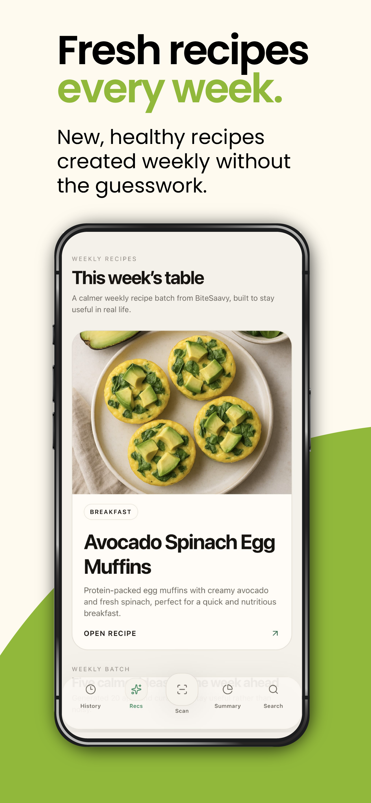 BiteSaavy recipe experience showing fresh recipes every week